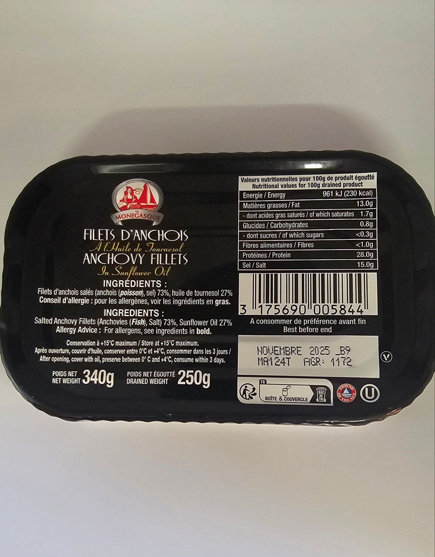 Anchois La Monégasque à l'huile végétale 340g